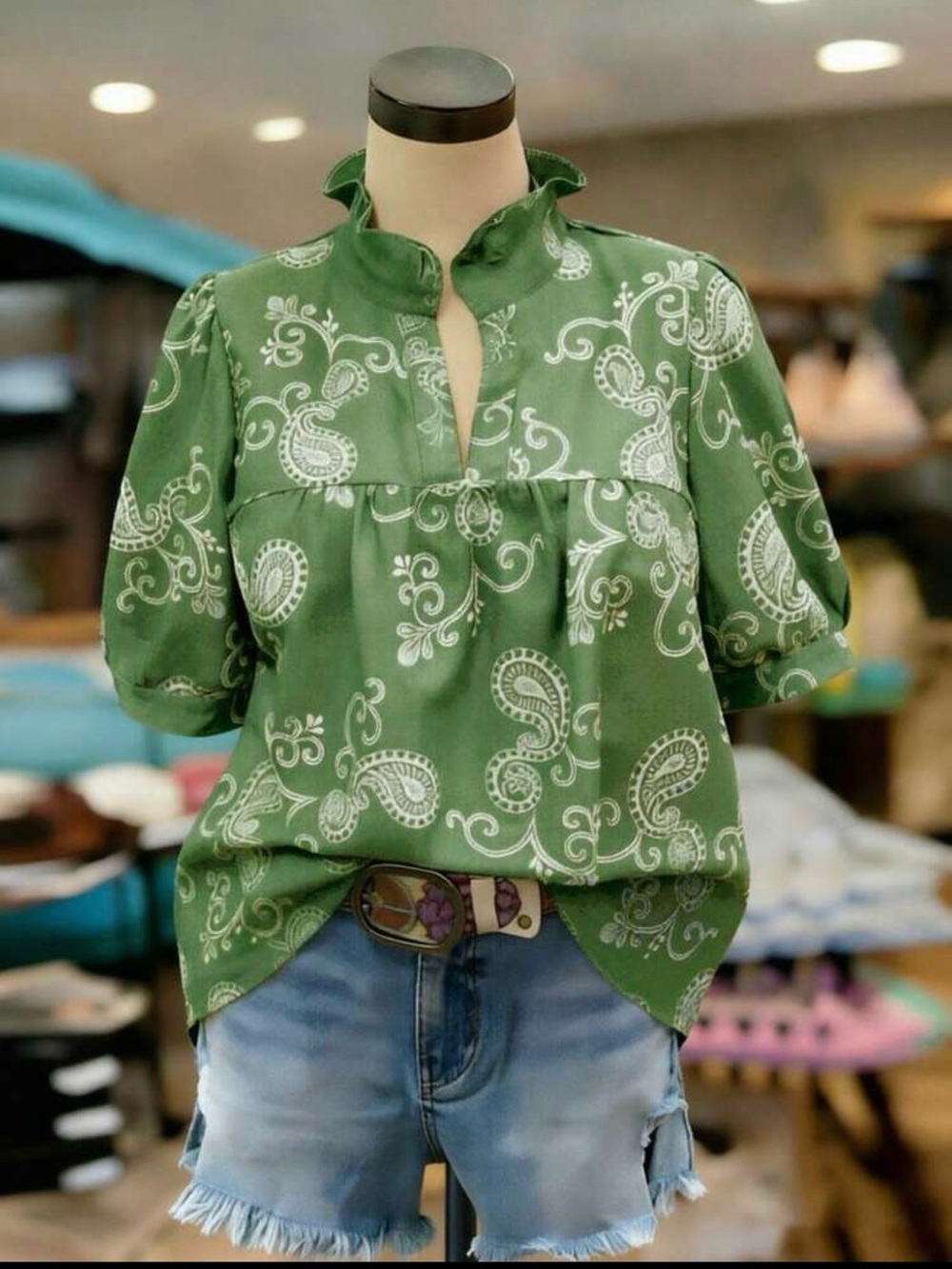 Green Paisley Ruffled Neck Peasant Blouse